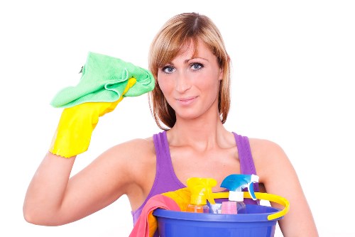 Cleaners following safe working practices in a workplace