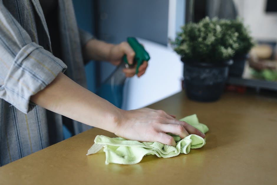 A person is engaged in surface cleaning at a wooden countertop, using a yellow cloth to wipe down the surface. The individual is wearing a plaid long-sleeve shirt with rolled-up sleeves, and in the background, another person is holding a green spray bottle, likely applying cleaning solution. The countertop appears tidy and smooth, with visible natural wood grain, and is illuminated by natural light. In the background, there is a dark pot with a green, leafy plant, adding a touch of freshness to the scene. This setting suggests a domestic environment focused on maintaining hygiene and cleanliness, aligned with services provided by Cleaners W1, especially for tenants in Marylebone near Madame Tussauds, W1, emphasizing careful surface cleaning and sanitisation.