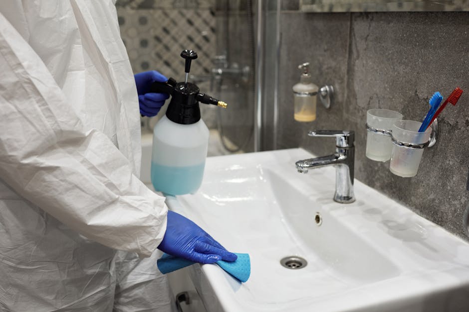 Close-up of a person wearing a white protective suit and blue gloves performing surface cleaning on a white ceramic bathroom sink using a blue cleaning cloth. The individual is holding a spray bottle filled with cleaning solution in one hand and wiping the sink with the other. The surrounding area features a modern granite or stone wall and a silver faucet. Above the sink, there are two transparent plastic holders attached to the wall, holding toothbrushes and toothpaste, with liquid soap dispenser nearby. The sink appears clean and shiny, indicating thorough sanitisation, with soft lighting highlighting the reflective surface, demonstrating a professional deep cleaning process. This image emphasizes hygienic practices typical of same-day emergency cleaning services provided by Cleaners W1 in Marylebone, W1.